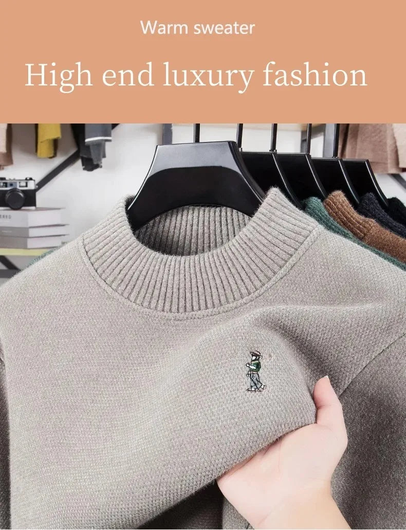 Luxury brand men's round neck knitted sweater fashion cartoon embroidery comfort warm plush autumn winter casual golf pullover