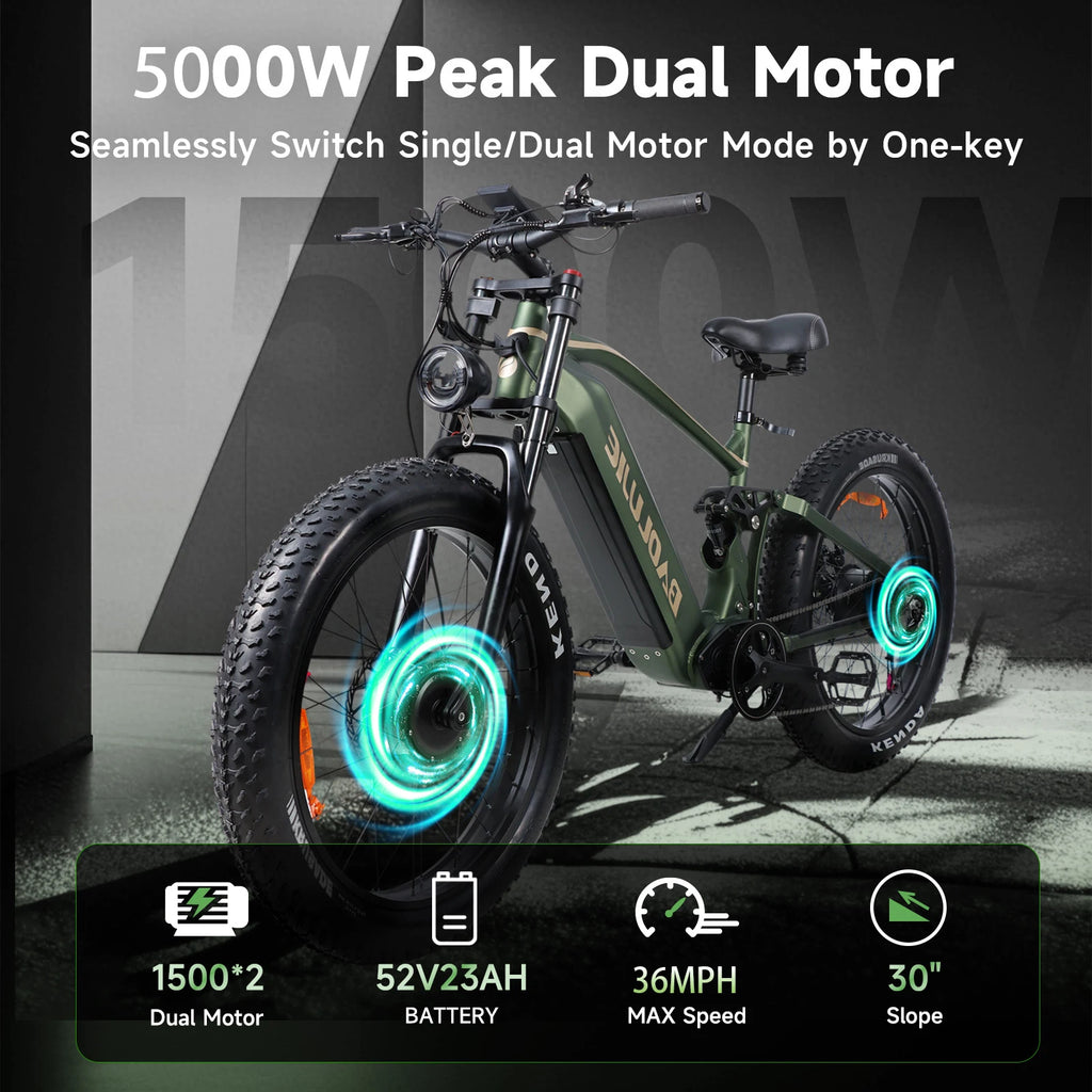 BAOLUJIE Peak 5000W Electric Bicycle Motor Electric Bike 26*4 Inches Tire Mountain E-bike 52V 23Ah Battery 36MPH Full Suspension
