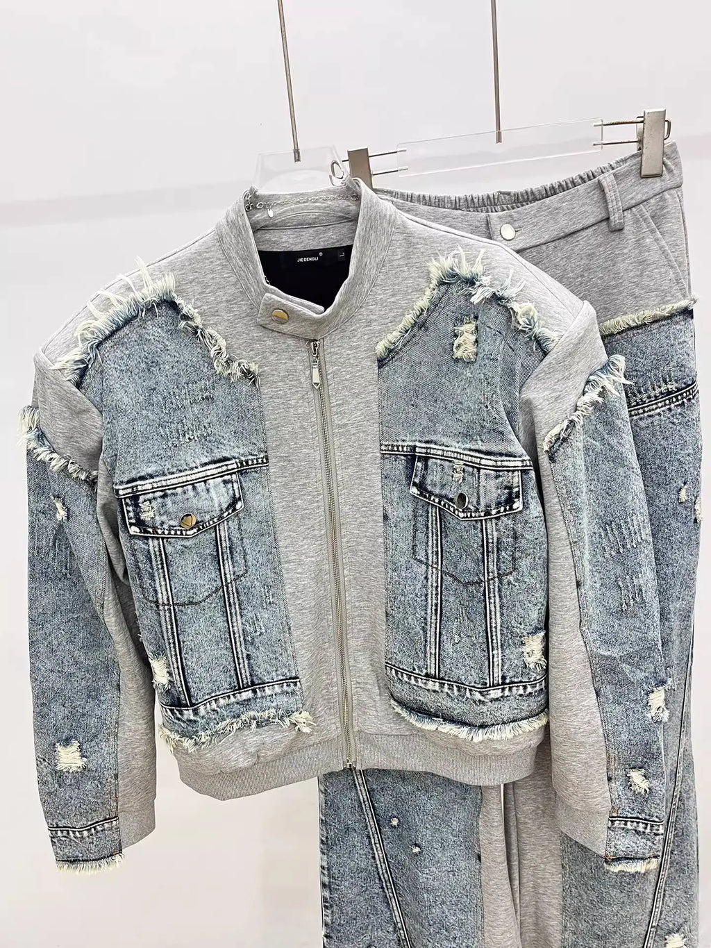 HKSH Spring Autumn New Men Trend Ripped Frayed Denim Patchwork Jacket Elastic Waist Wide-Leg Pants Fashion Two-Piece Set HK16899