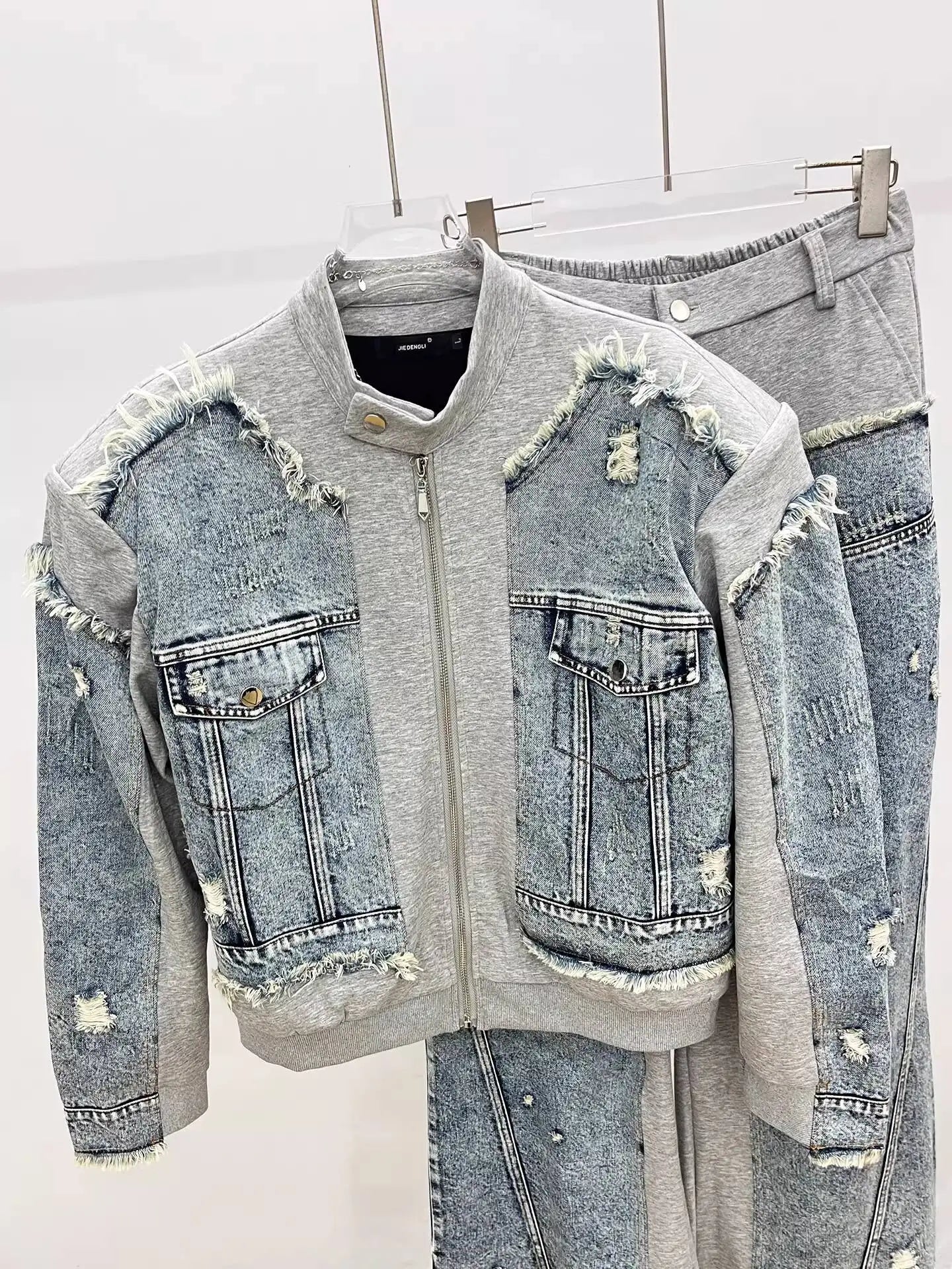 HKSH Spring Autumn New Men Trend Ripped Frayed Denim Patchwork Jacket Elastic Waist Wide-Leg Pants Fashion Two-Piece Set HK16899