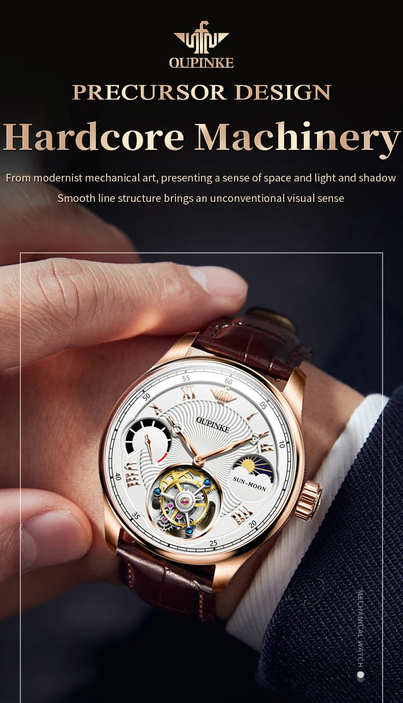 OUPINKE Men's Watch Top Luxury Fashion Original Tourbillon Mechanical Watch for Man Leather Strap Sapphire Mirror Moon Phase