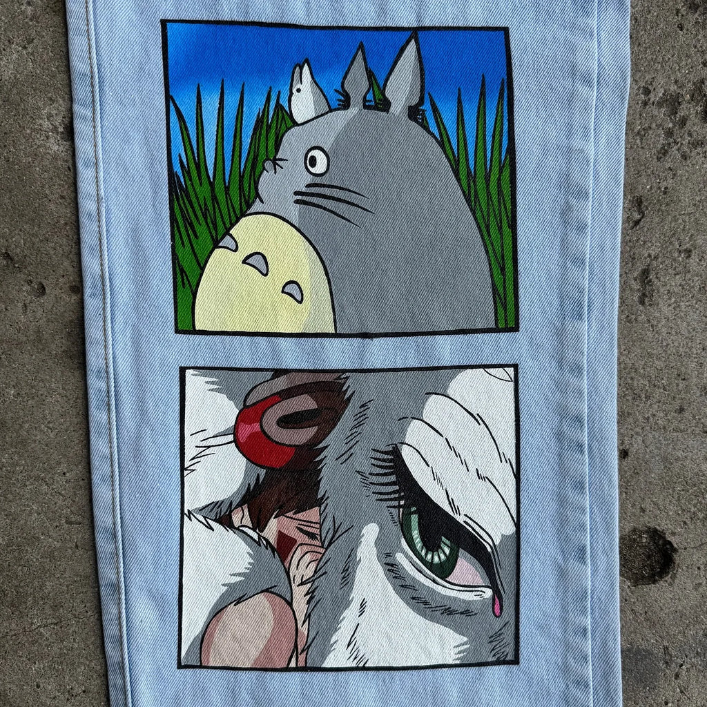 Y2K Japanese Cartoon Printed Classic Men And Women New Trend Blue Denim Jeans Hip Hop Harajuku Fashion Loose Oversize Streetwear