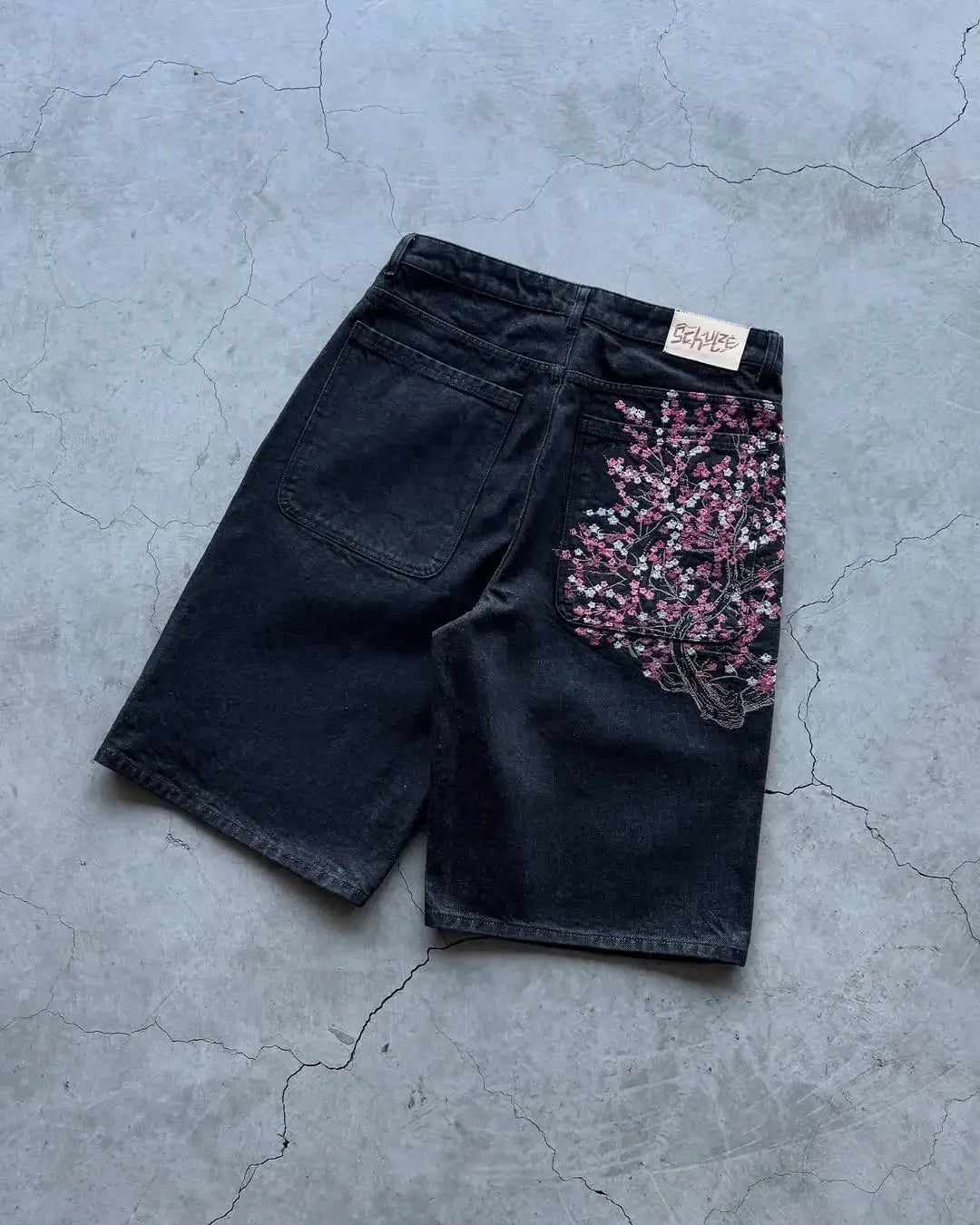 Men Couples Japanese Dragon Floral Embroidered Denim Shorts Loose Baggy Streetwear Washed Vintage Harajuku Y2K Summer Jeans