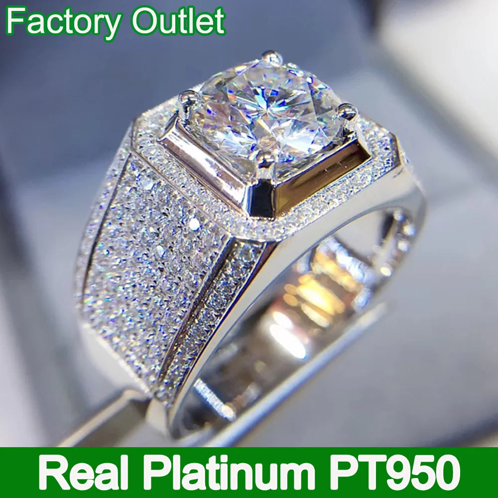 Custom Real Platinum PT950 Ring Men Engagement Anniversary Party Wedding Ring Round Moissanite Diamond Luxury 1 2 3 4 5 Carat