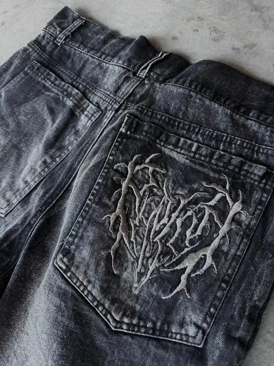 Goth Retro Men Baggy Unisex Short Pants Y2K Phantom Jeans High Street Spider Embroidered Patch Hip Hop Streetwear Straight Jeans