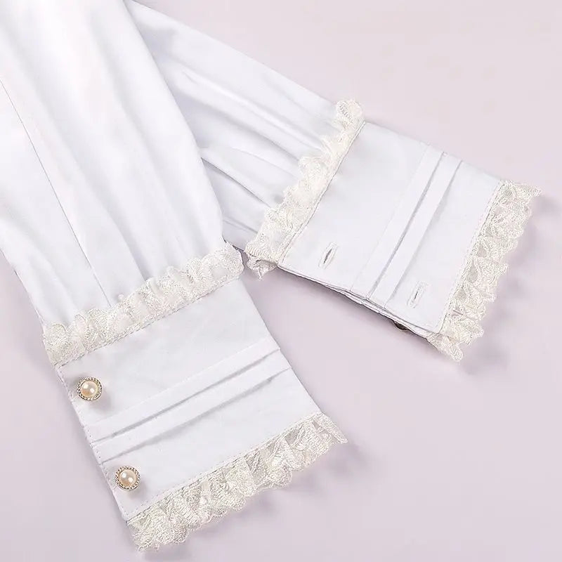 ouji Women's Victorian Gothic Blouse Ruffled High Collar Long Sleeve Renaissance Style Top Lolita Cosplay Costume Party Wear