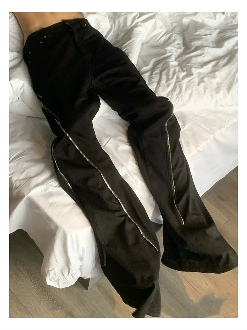 High Street RO Style Jeans Pants Men's Five Star Mang Ribbon Rotating Large Zipper Floor Pulling Horn Denim Streetwear Pants