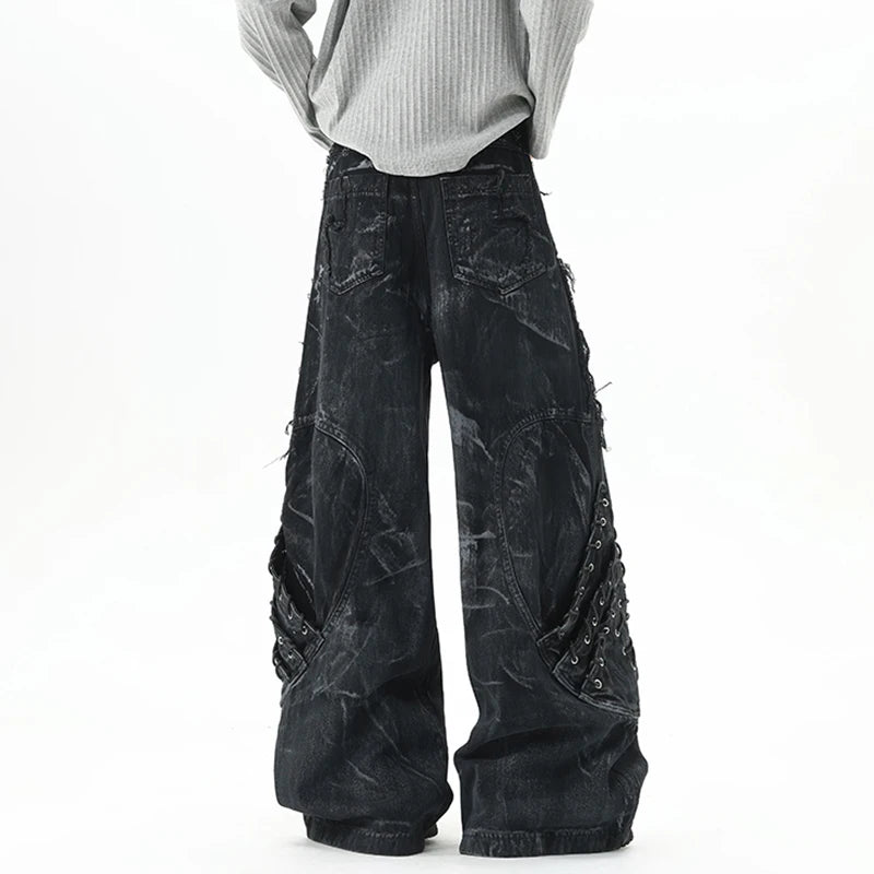 High Street Men's Denim Trousers Patchwork Contrast Color Drawstring Raw Edge Dirty-dying Worn-out Male Jeans New