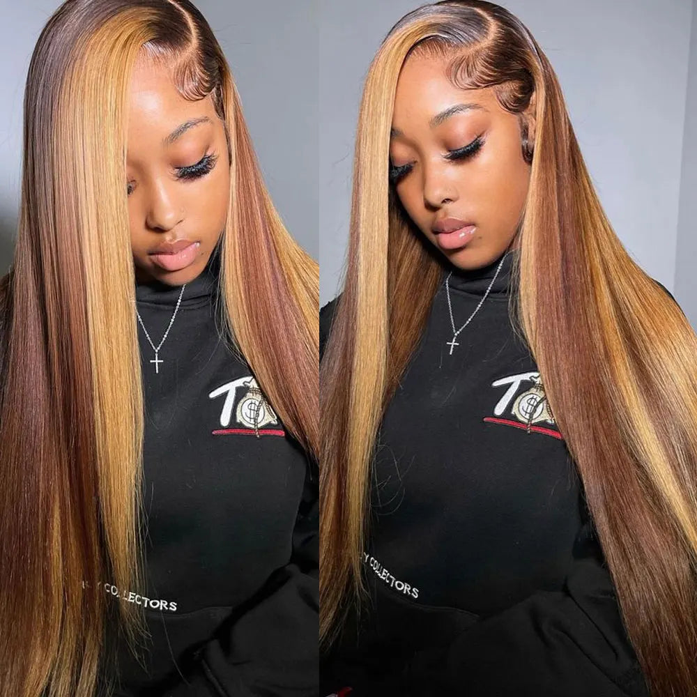 Megeen 13X4 Transparent Lace Frontal Wig Highlight P4/27 Human Hair Honey Blonde Straight Lace Front Wig Colored Ombre Wigs Remy