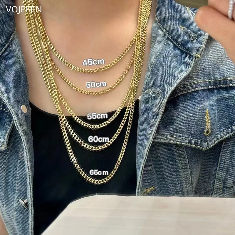 VOJEFEN Genuine 18K Gold Cuban Necklace Jewelry For Women/Men Fashion AU750 Pure Gold Chain Neck Choker Luxury Quality Jewel