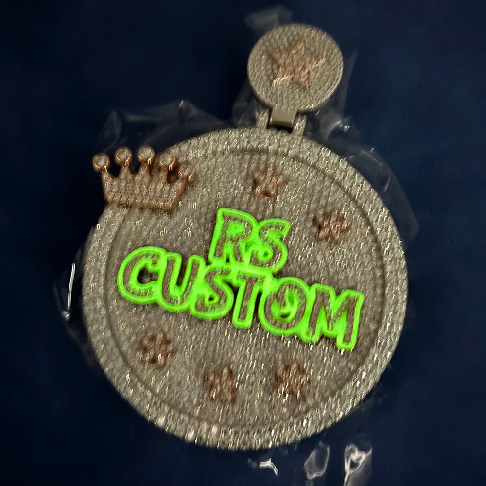HHIOK Custom 60mm Charm Crown Star Green Night Glow Enamel Letter Moissanite Pendant Necklace 925 Sterling Silver Jewelry