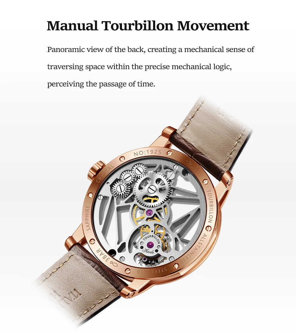 Haofa Skeleton Tourbillon Mechanical Man Watch 1925B Luxury Simple Hollow Tourbillon Movement Men Watches Business