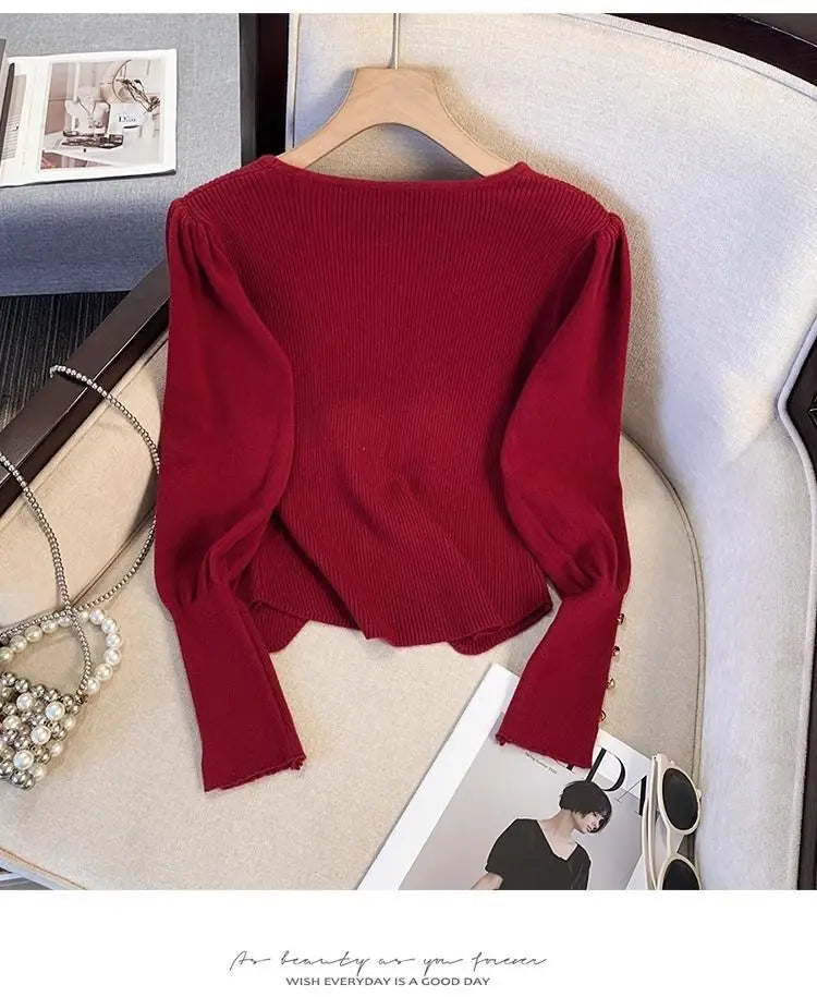 Pleated Slit Hem Contrast Patchwork Sweet Pullovers Women Clothing New Long Sleeve Fashion Sweaters Casual Korean Autumn Winter