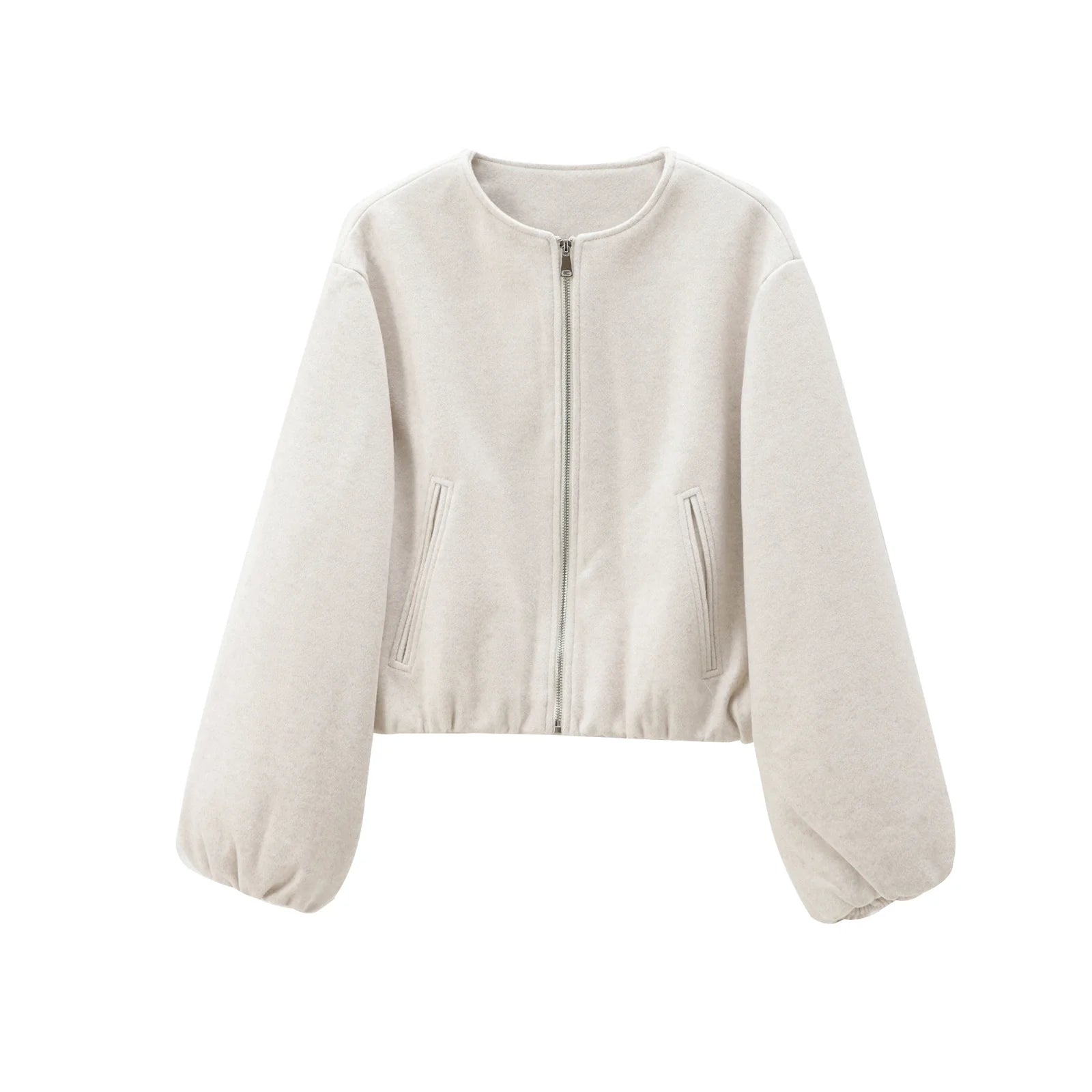 HXAO Outerwears Cropped Bomber Jacket Women Autumn Long Sleeve Faux Wool Coats For Woman Winter Zip Up Gray Beige Short Coats
