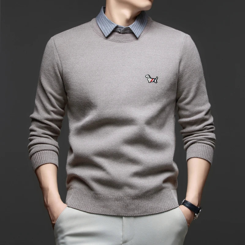 Luxury fake two piece men's knitted sweater fashion striped lapel pullover new thickened warm casual cartoon dog embroidered top