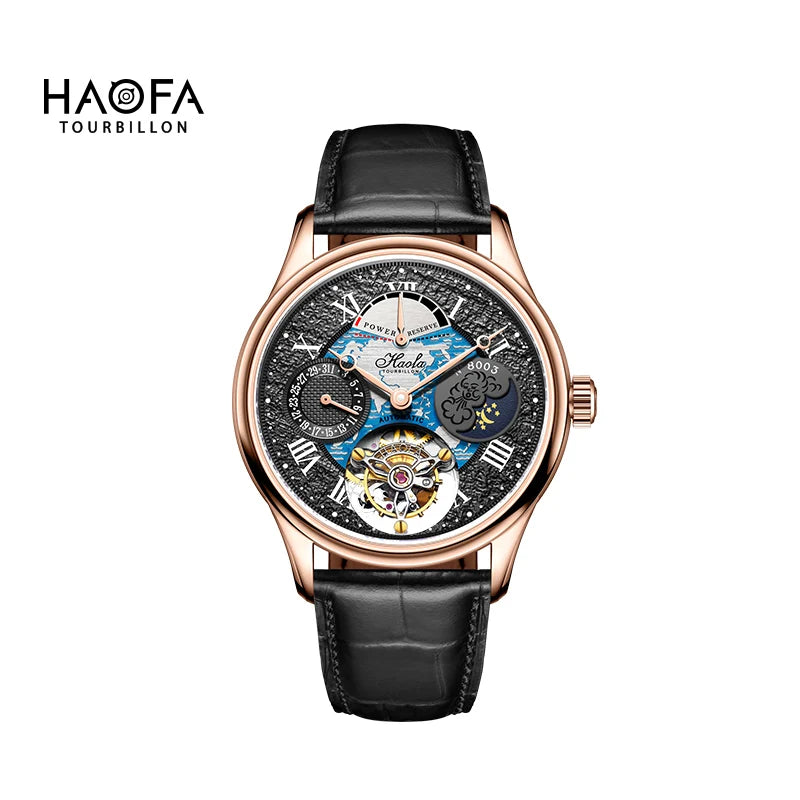 Haofa Automatic Flying Tourbillon Movement Watch Man Luxury Sapphire Skeleton Moon Phase Complete Calendar Watches For Men 8003