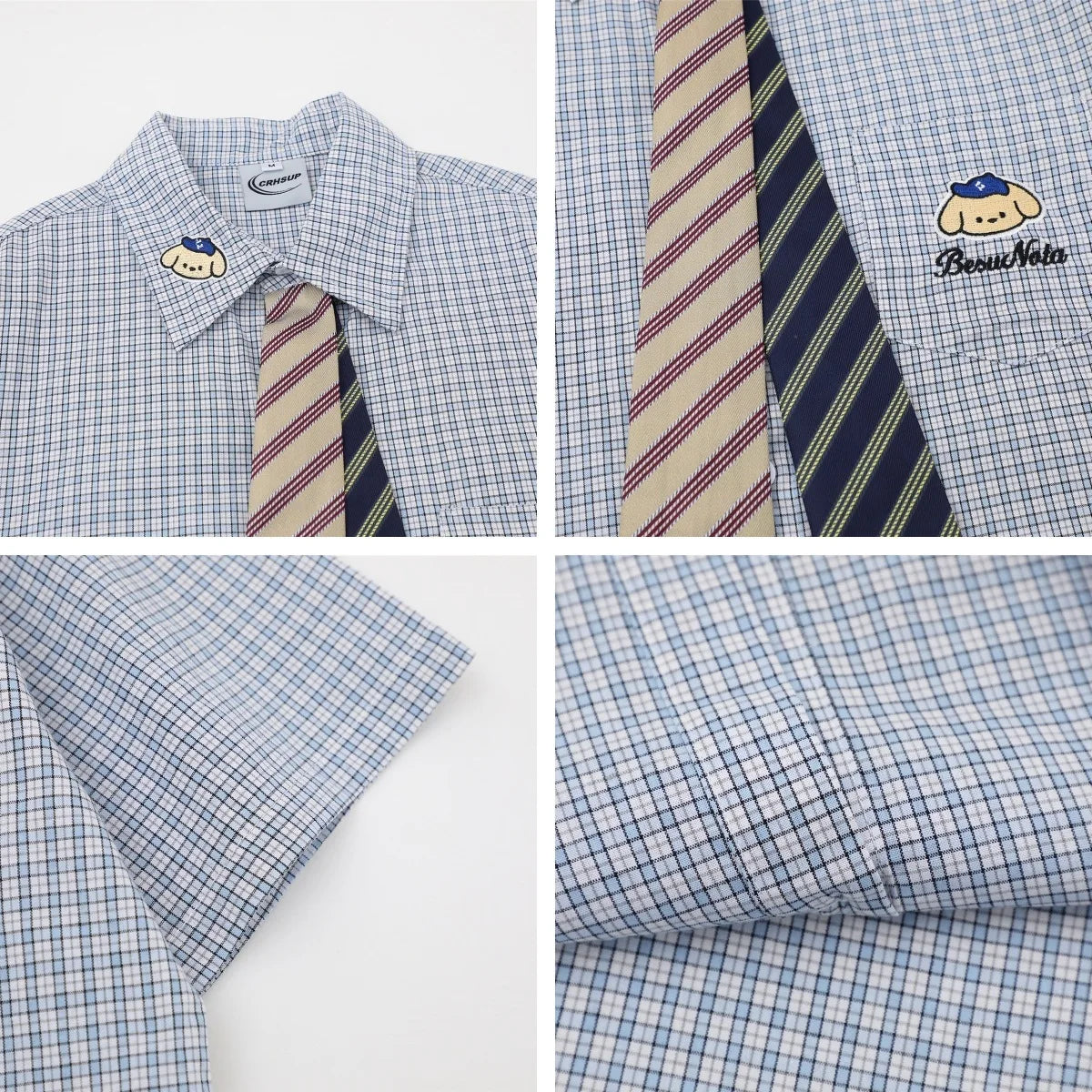 Retro Japanese Cartoon Dog Embroidery Plaid Double Collar Design Short Sleeve Cotton Shirt for Men And Women Couple Style Cas...