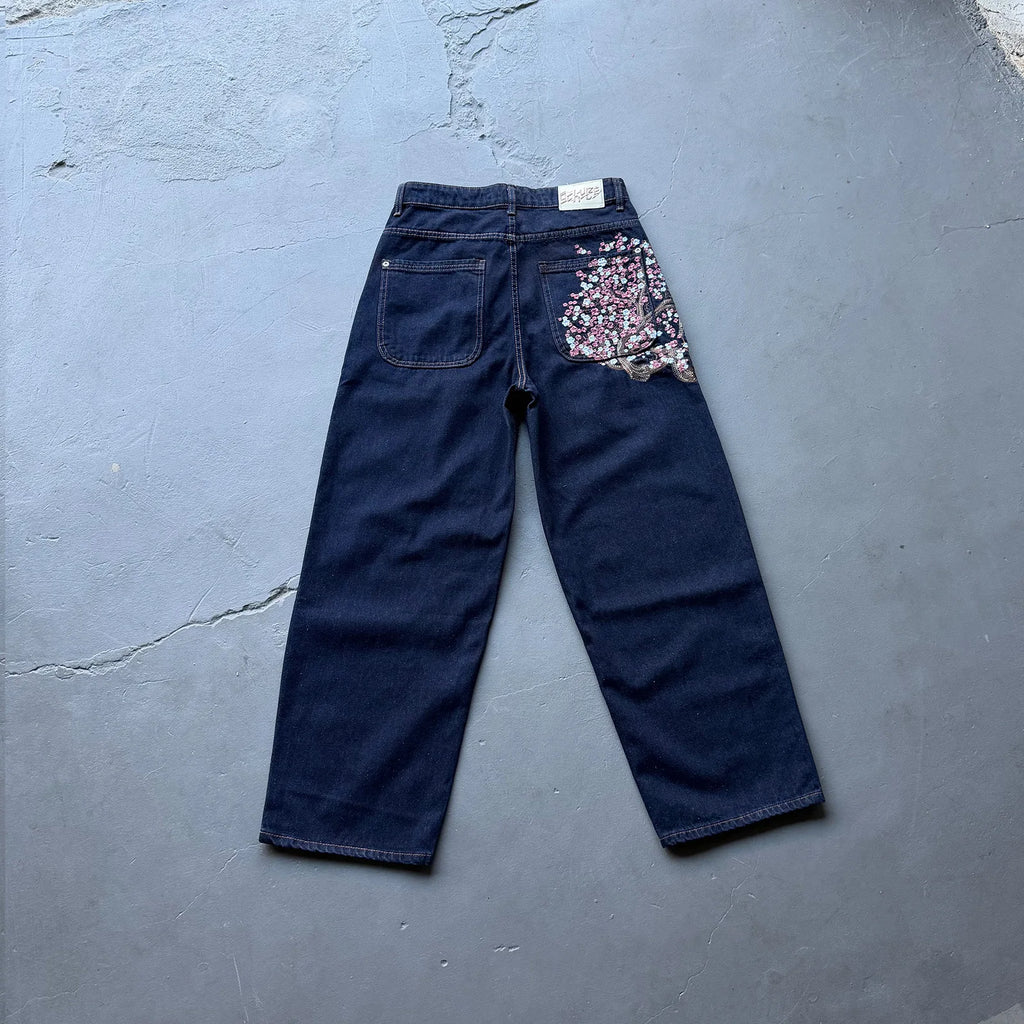 Derschutze 2026 New High-Quality Street Heavy-Duty Embroidered Sakura Raw Denim Straight-Leg Jeans Men's Streetwear Pants