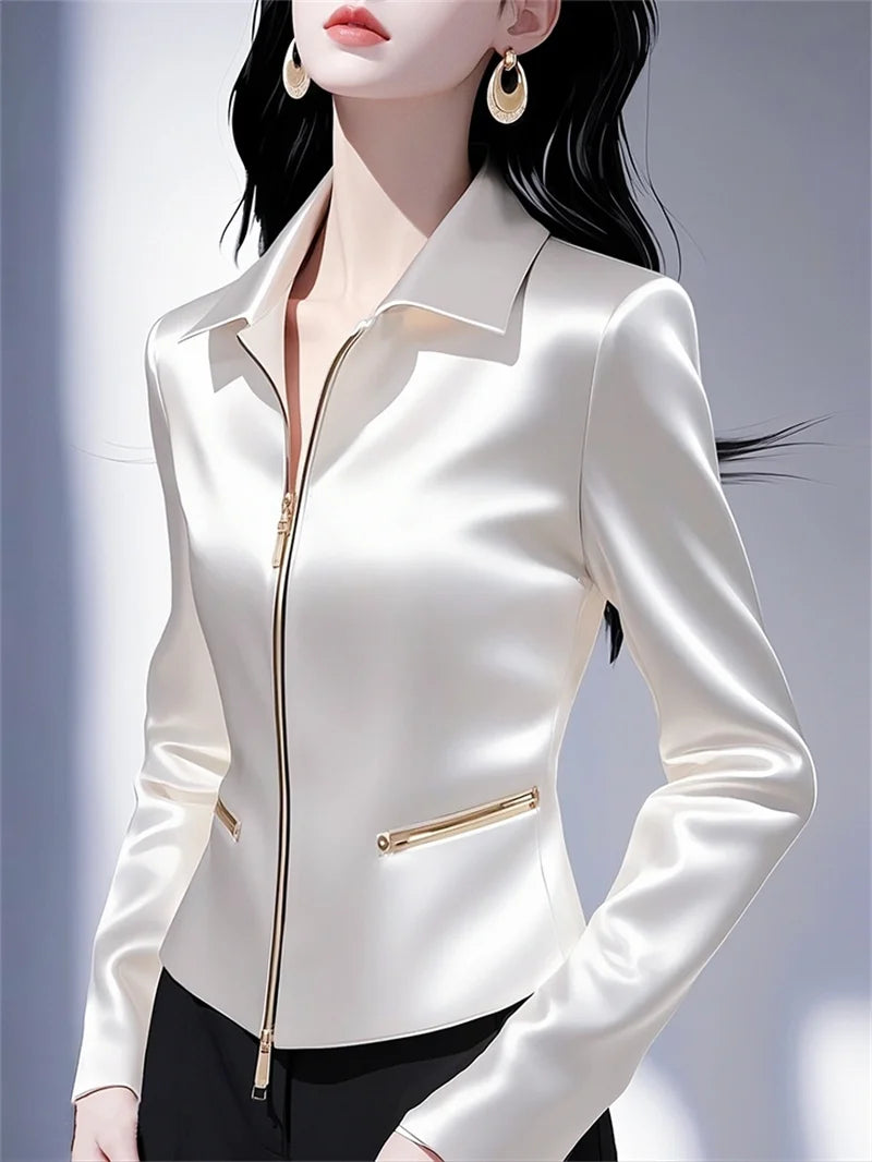 Contrast Satin Jacket Women's 2025 Early Spring Summer New Shirt Female High Quality Western-Style Waist Coat Zipper Tops Ladies