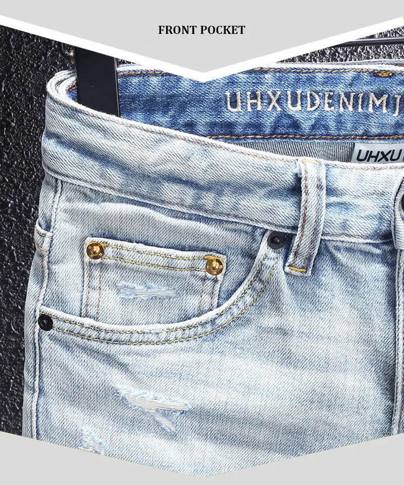Fashion designer men's retro washed light blue elastic slim fit printed corrugated jeans men's Italian style retro denim pants h