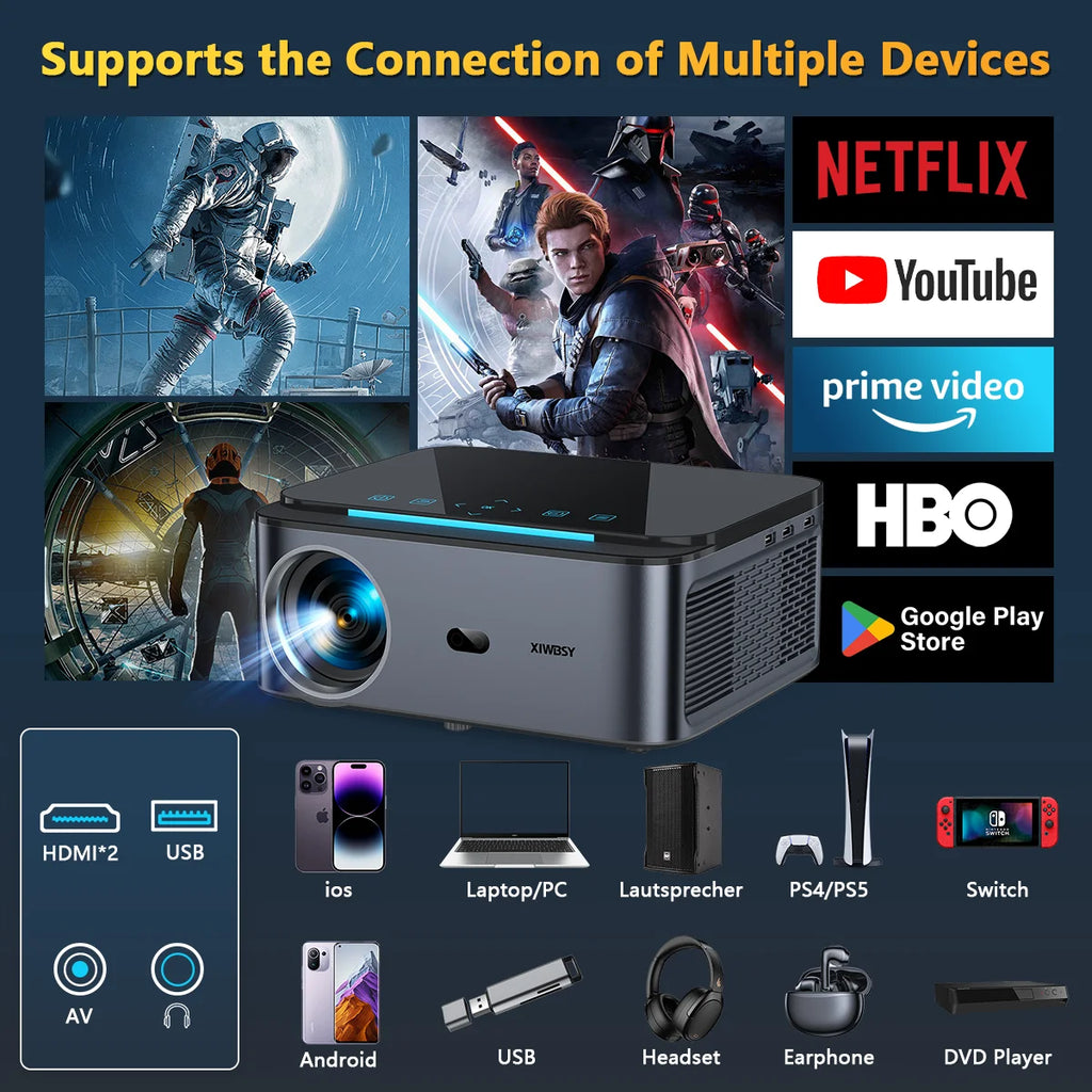 XIWBSY 1000ANSI Android Projector 25000 Lumens 4K AutoFocus/Keystone Projector Office Video Home Theater Portable Beamer Outdoor