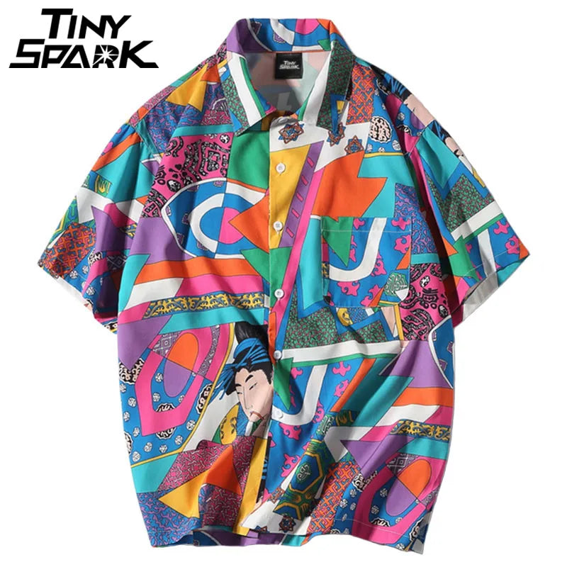 Men Loose Hip Hop Shirt Harajuku Japanese Ukiyo E Anime Shirt Short Sleeve Top Hawaiian Shirt Casual Streetwear Thin Summer 2025