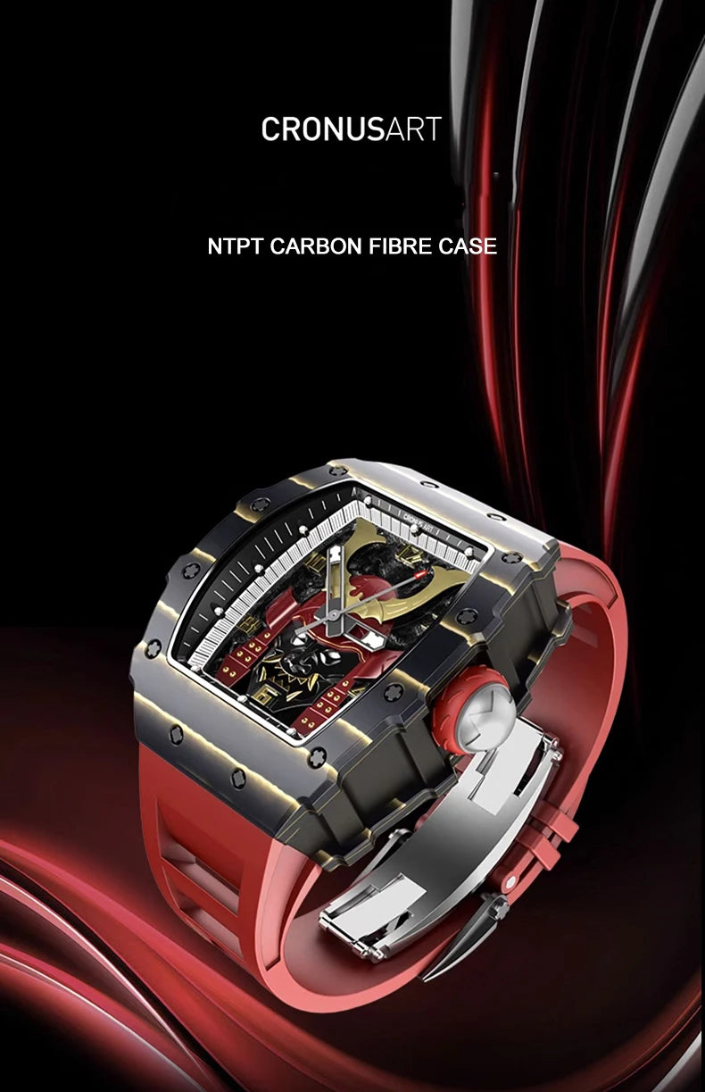 CRONUSART Men Automatic Watch Luxury Mechanical Wristwatch NTPT Carbon Fibre Tonneau Case Luminous Fluororubber Strap Skeleton