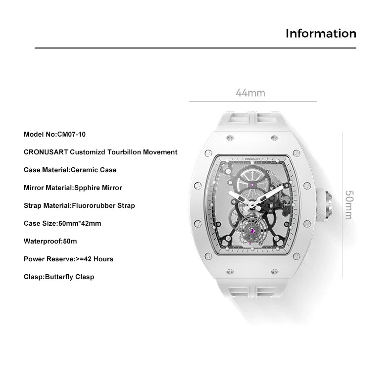 CRONUSART Men Tourbillon Watch Tonneau Mechanical Wristwatch 5Bar Ceramic Case Luminous Fluororubber Strap Sapphire Mirror