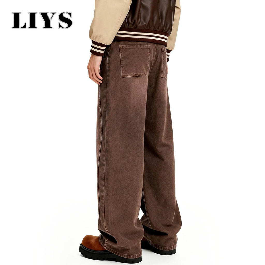 American Retro Men's Brown Casual Baggy Wide Leg Jeans Korean Cartoon Elephant Embroidery Loose Wide Leg Denim Pants Unisex