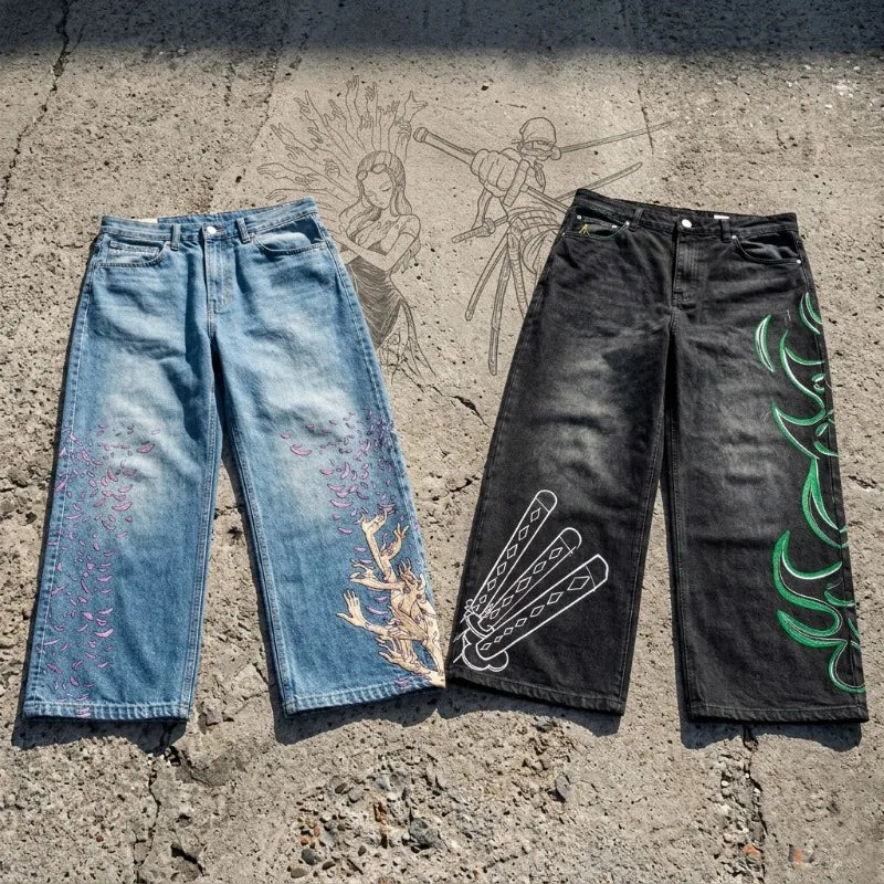 Anime Graphic Wide Leg Jeans Men Streetwear Hip Hop Baggy Denim Pants Harajuku Y2K Loose Straight Trousers Women Unisex Print