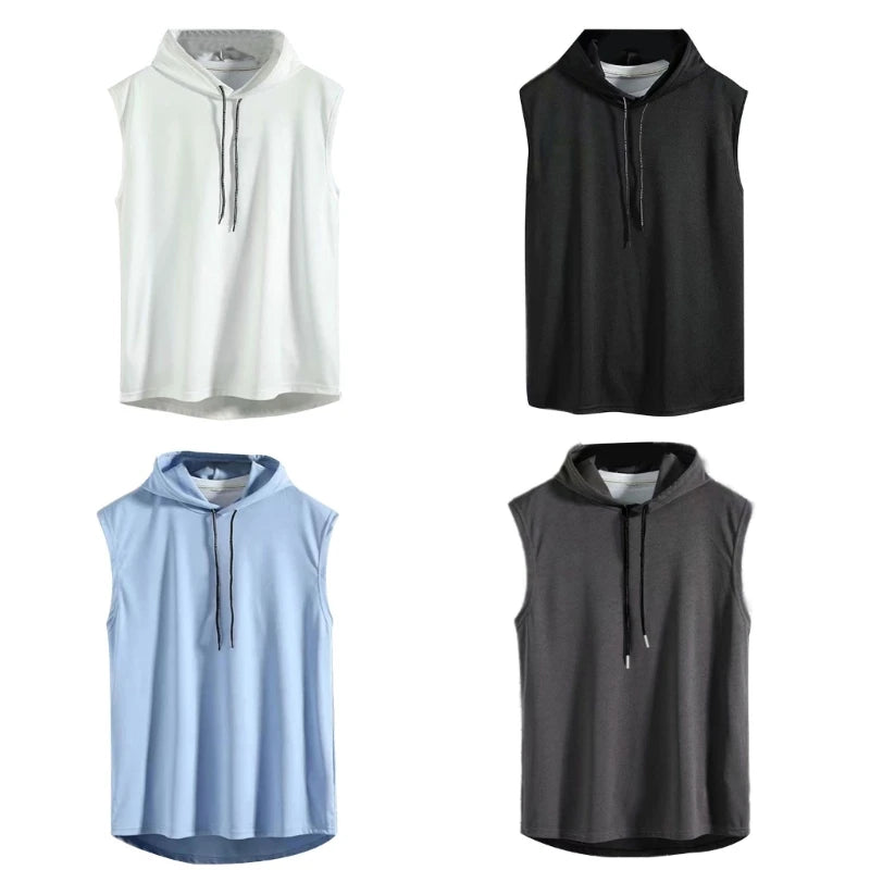 Mens Summer Sleeveless Drawstring Hooded for Tank Top Solid Color Gym Fitness Sports T-Shirt Hip Hop Loose Blouse Vest