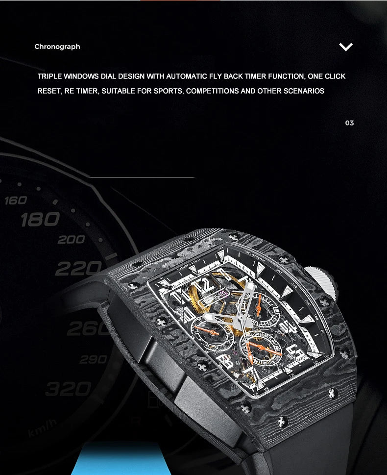 CRONUSART Men Automatic Watch 50MM Chronograph Tonneau Mechanical Wristwatch Sport Carbon Fibre Case Luminous Fluororubber Strap