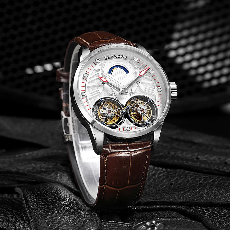 SEAKOSS Luxury Skeleton Men's Tourbillon Manual Mechanical Watches Double Tourbillon Luminous Hands Watch for Men Sapphire Glass