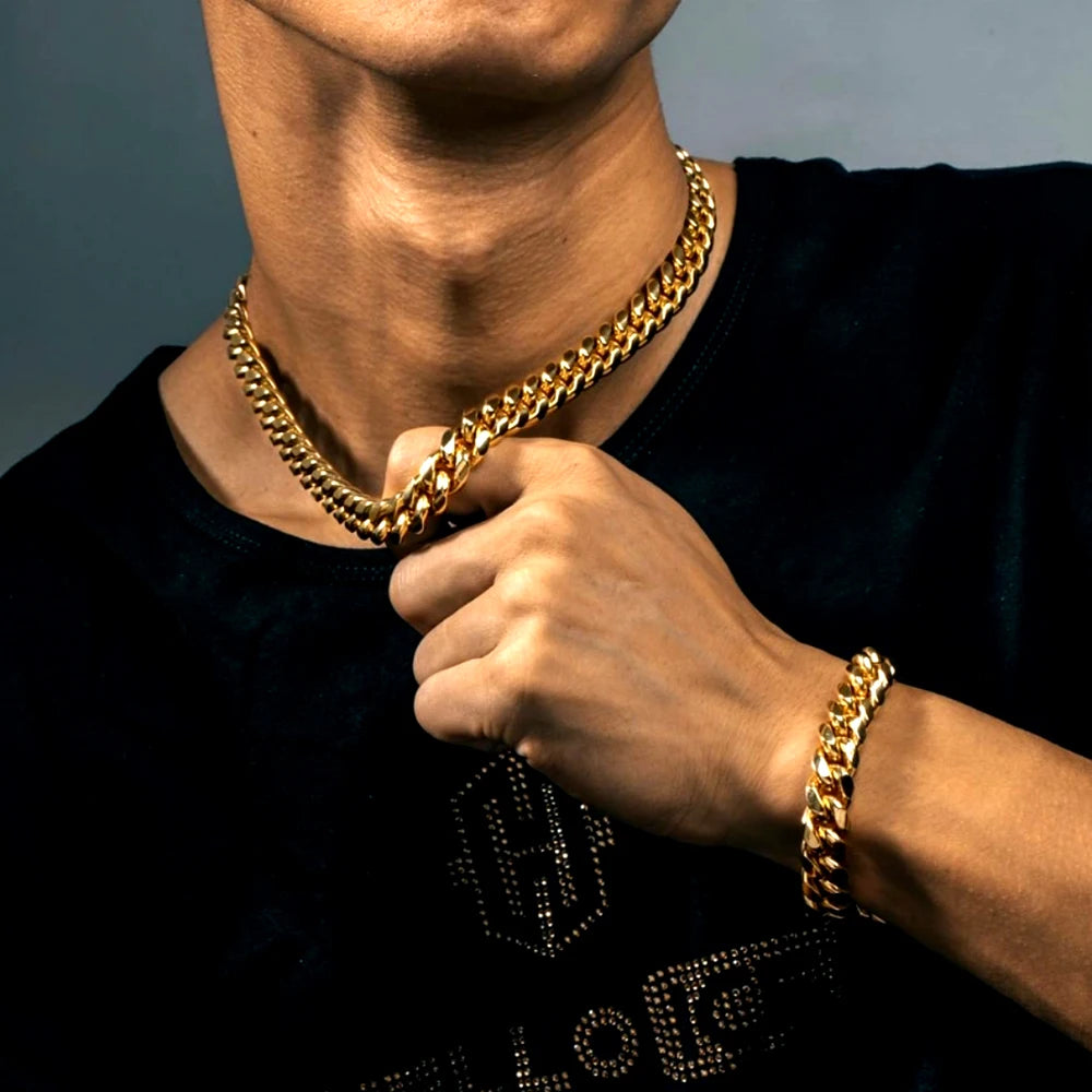8-16mm 316L Stainless Steel Hip Hop Jewelry Curb Miami Cuban Link Chain Necklace Bracelet Gift for Men Women