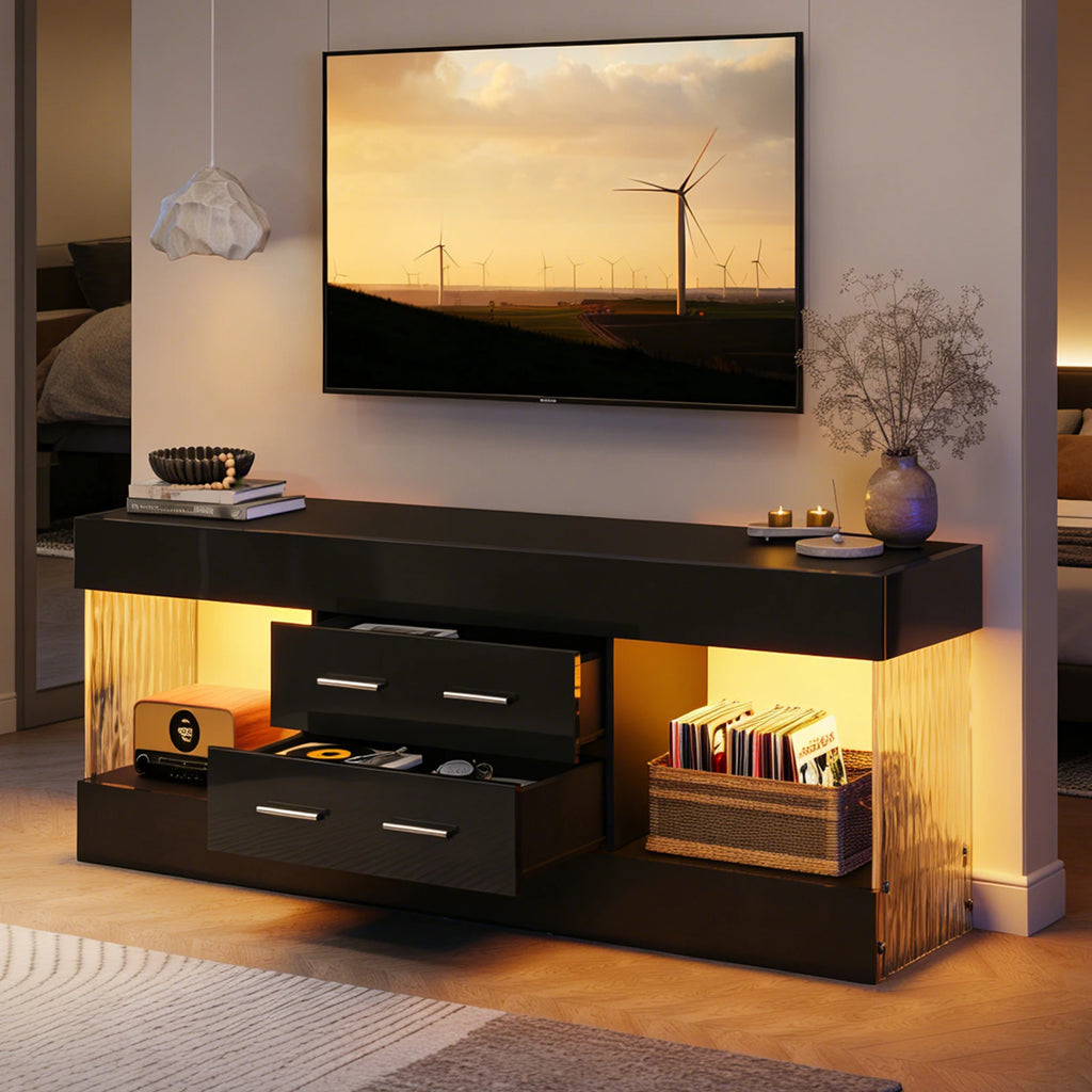 NOST&HOST Modern 60 Inch TV Stand for 65/60/55+ TV, High Gloss Black Entertainment Center with 2 Drawers & LED Lights for Living Room