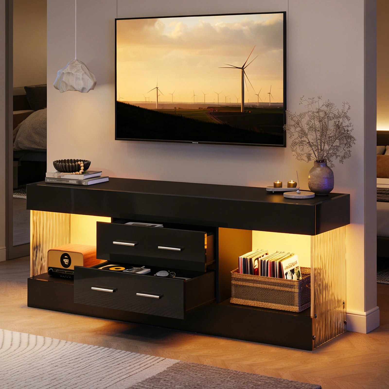 NOST&HOST Modern 60 Inch TV Stand for 65/60/55+ TV, High Gloss Black Entertainment Center with 2 Drawers & LED Lights for Living Room