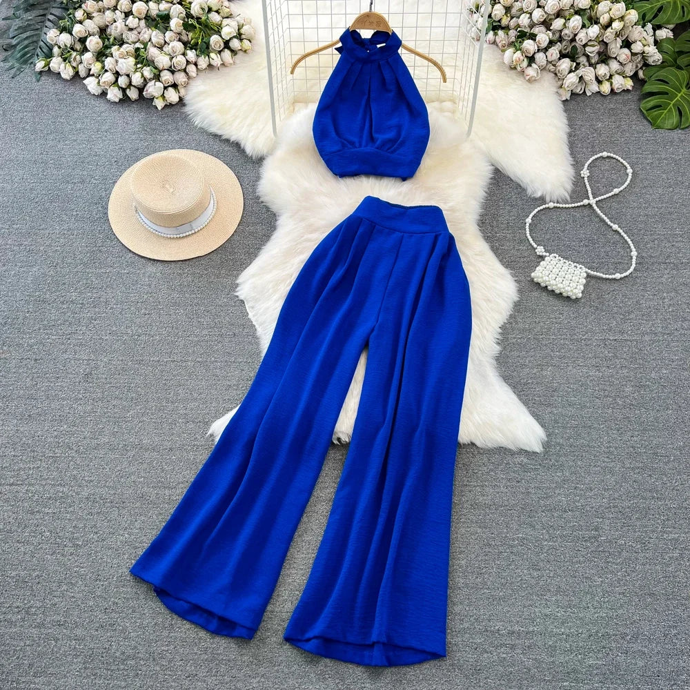 Green/Black/Red 2026 New Summer Two Piece Set Women Sexy Strap Short Tops + High Waist Wide Leg Pants Female Suit New