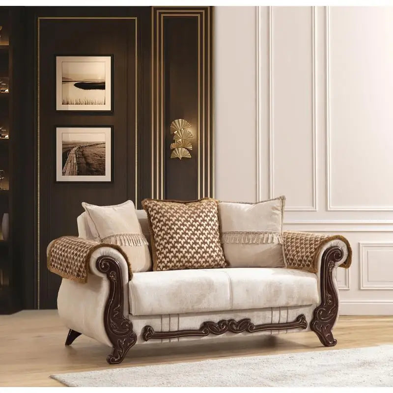 Beige Chenille Upholstered 2-Piece Living Room Set with Wood Frame