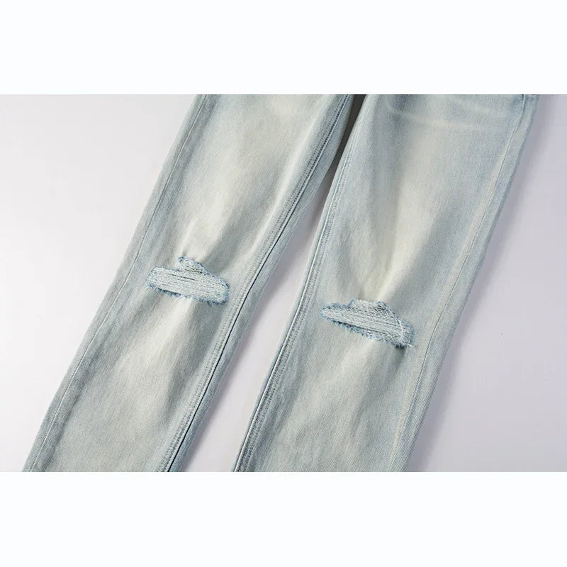 Men's High Street Distressed Light Indigo Stretch Skinny Button Fly Ripped Jeans Pants