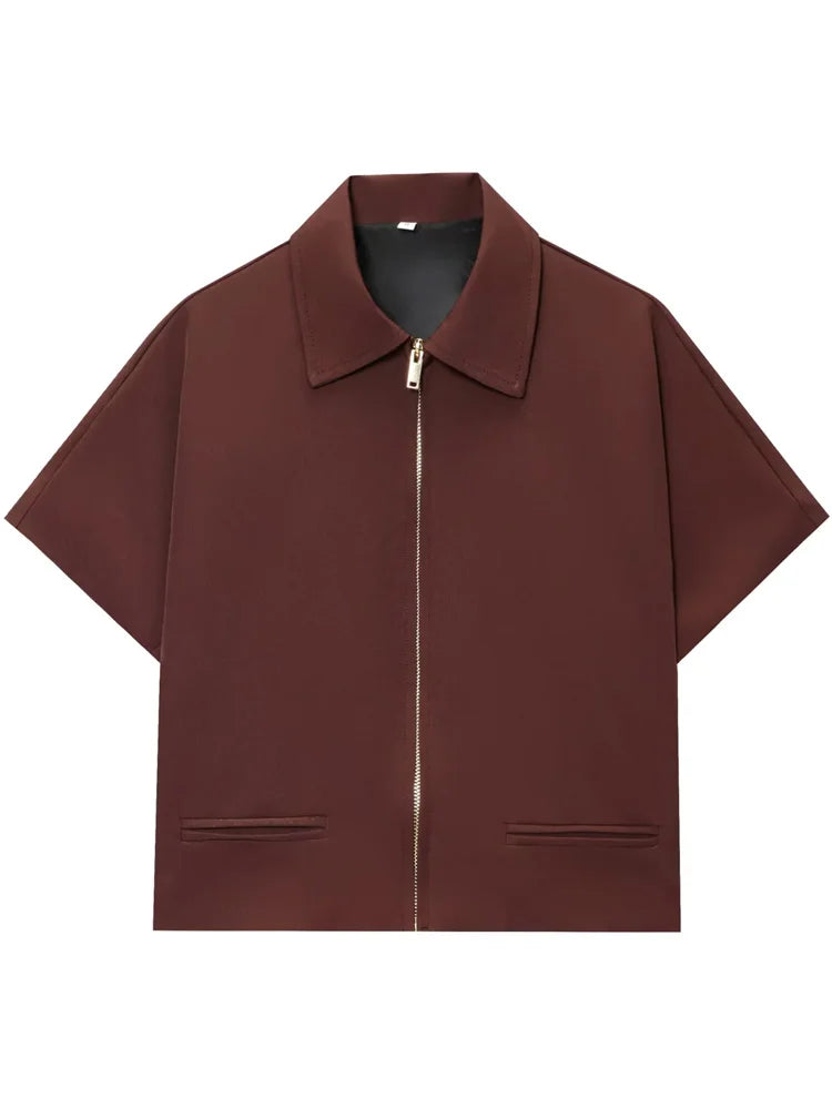 HXAO Cropped Women's Jackets With Zipper Outerwears Top Summer Crop Cardigan Short -Sleeved Female Jacket Black Short Coats