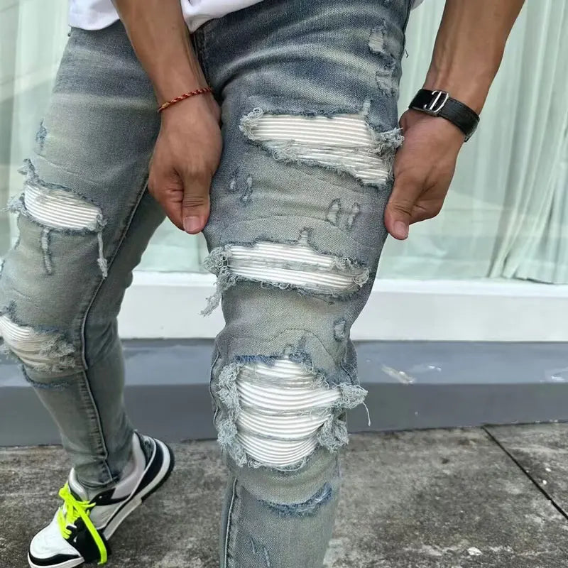 European and American designers fashion new men's jeans stretch slim fit retro light blue patchwork white patch jeans high stree