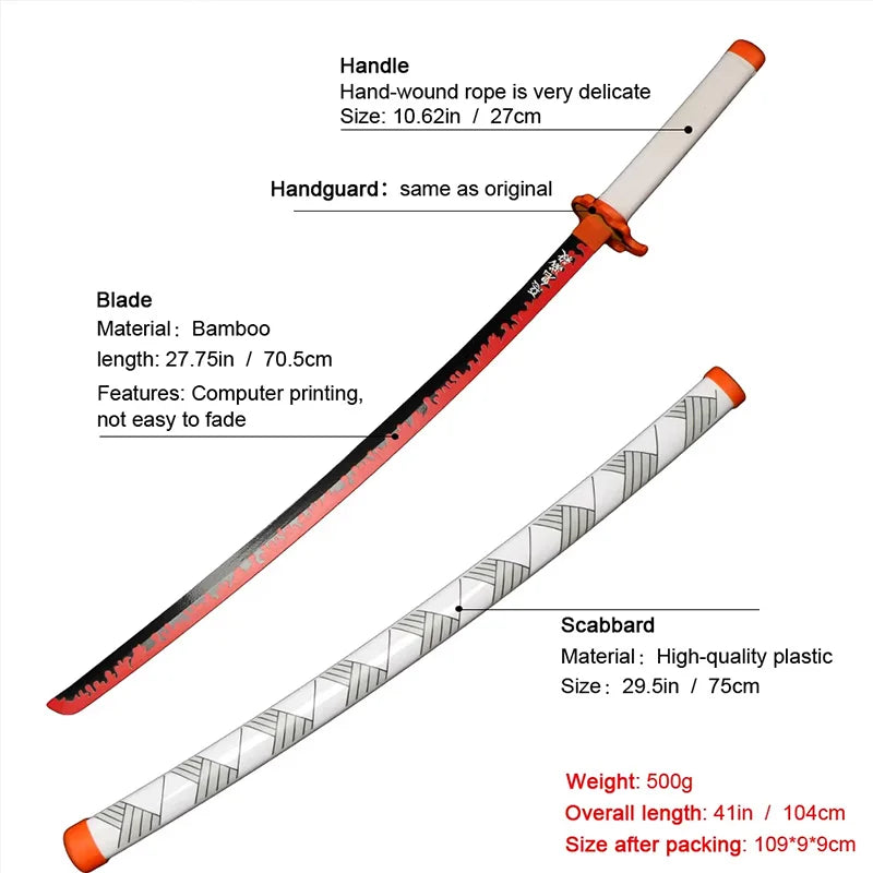 104cm Anime Slayer Katana Sword Kimetsu no Yaiba Wooden Cosplay Anime Weapons Sword Toy Katanas with Display Stand and Belt
