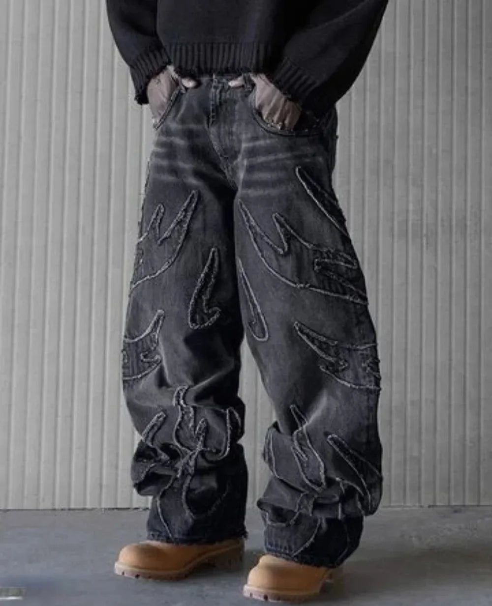New Y2K Harajuku Retro Graphic Patch Jeans Hip Hop Gothic Raw Edge Embroidery Black Baggy Jeans Wide Leg Denim Pants Mens Womens