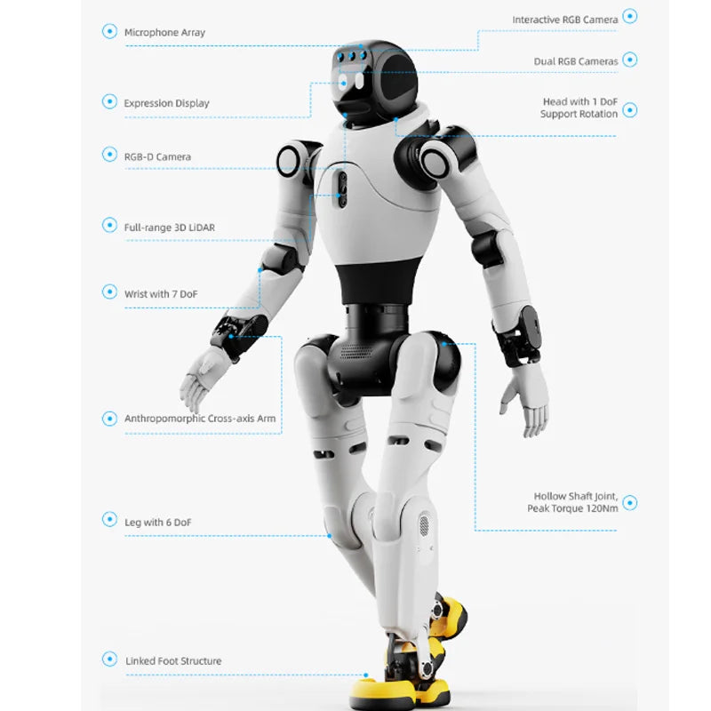 Humanoid robot with hot swappable 500Wh battery and optional charging station for continuous daily operation