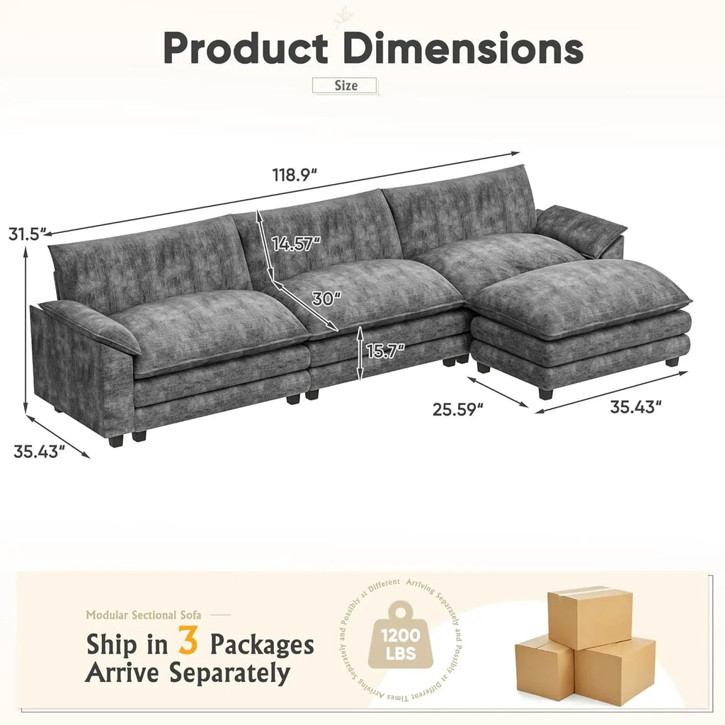 119 Modular Sectional Sofa with Reversible Ottoman Deep Seat Chenille for Living Room, Custom