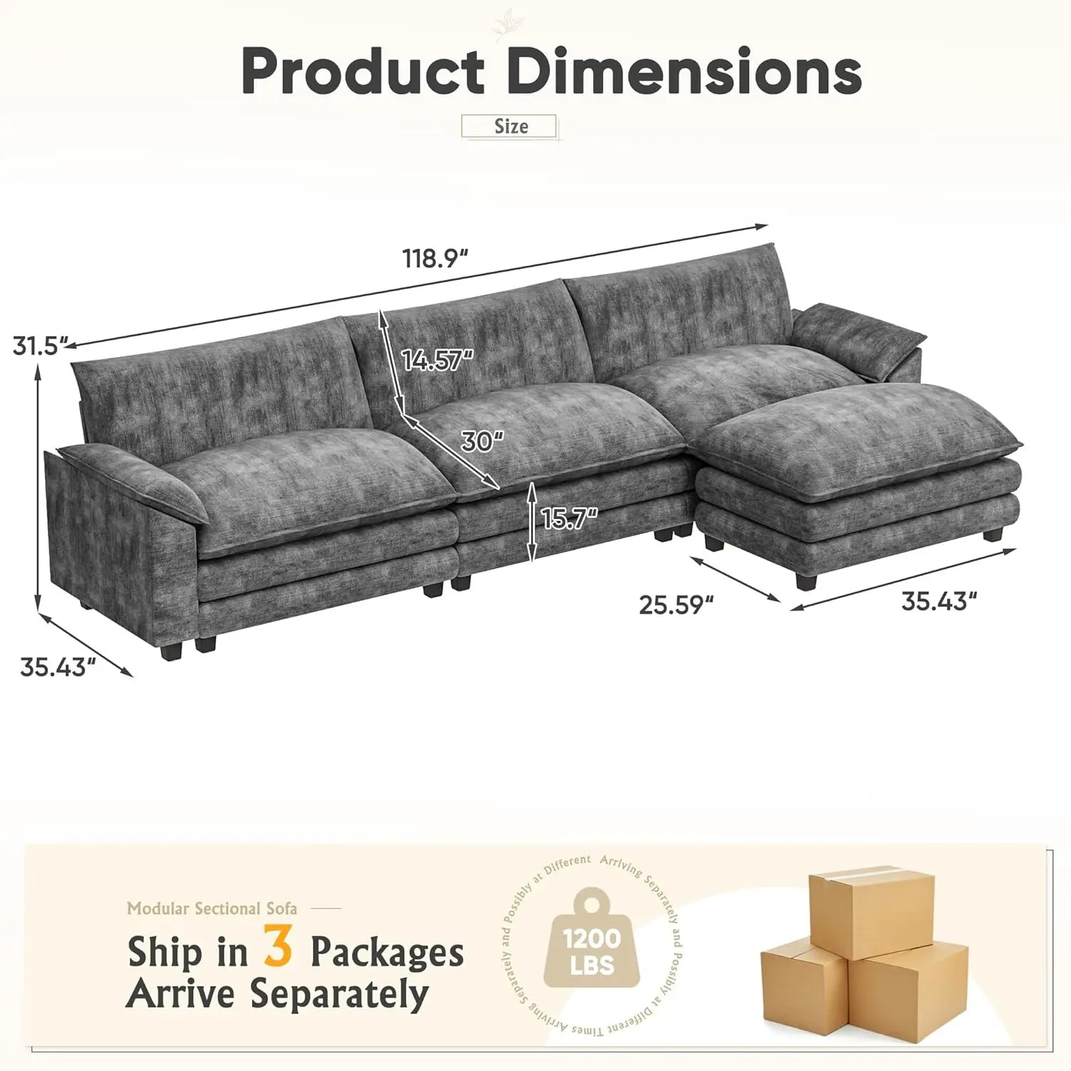 119 Modular Sectional Sofa with Reversible Ottoman Deep Seat Chenille for Living Room, Custom