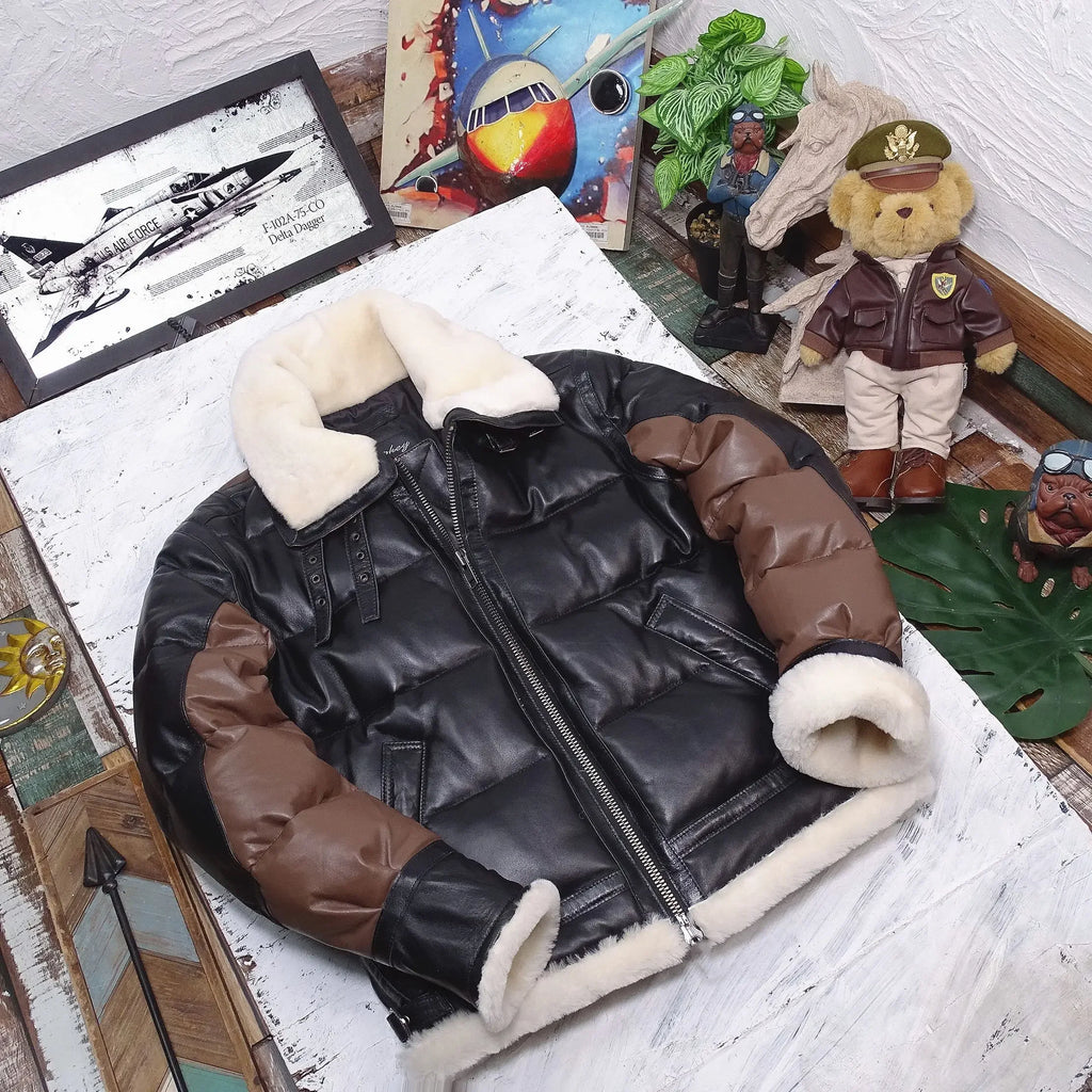 2024 Men's Winter Fashion Duck Down Coat Genuine Leather Sheepskin Cow Jacket for Male Brown Black Patchwork Plus Oversized 4XL
