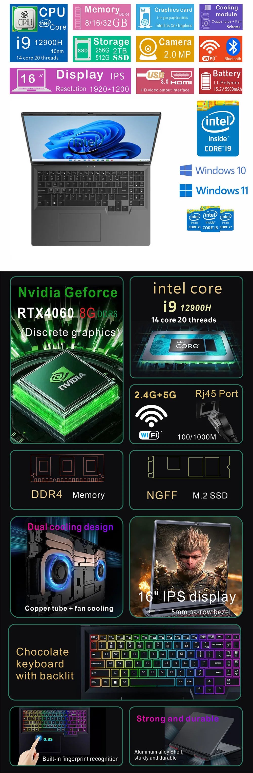 Hot Sales Brand New 16 Inch I9 12900H 14 Core RTX4060 8G Graphics Card Ultrabook Rj45 Gaming Aluminum Laptops