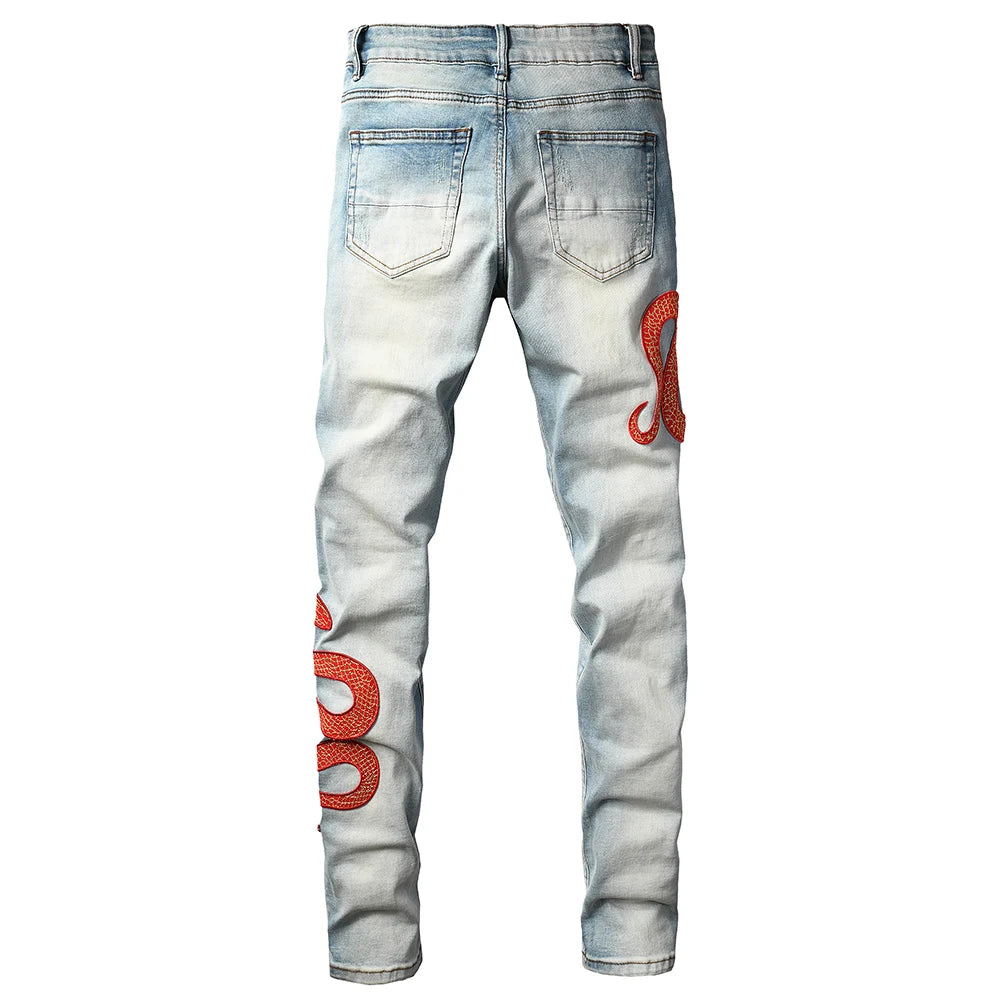 Men's Snake Embroidery Skinny Jeans Streetwear Red Leather Patch Pants Holes Ripped Distressed Denim Tapered Trousers
