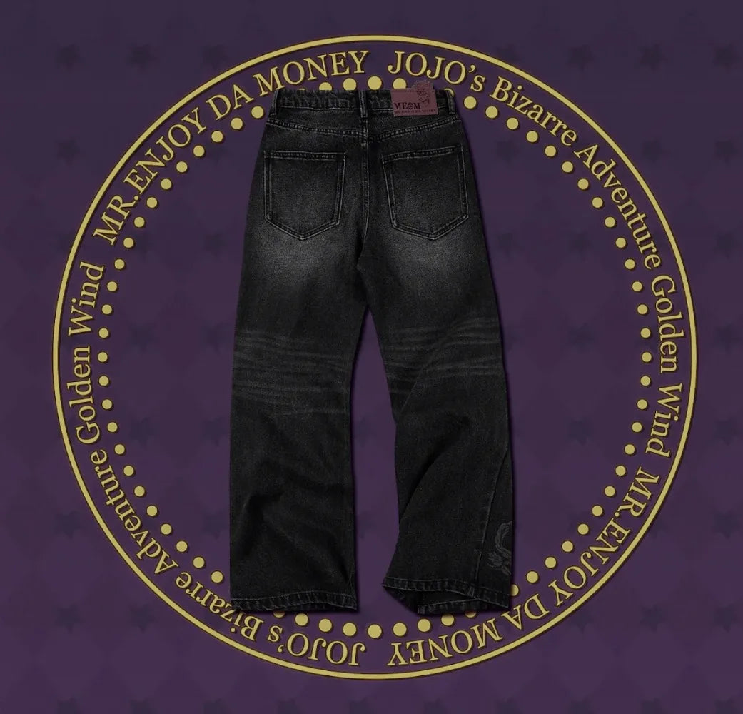 JoJo's Bizarre Adventure Black Flared Jeans Men Embroidery Streetwear Loose Casual Washed Denim Pants Anime Inspired Trousers